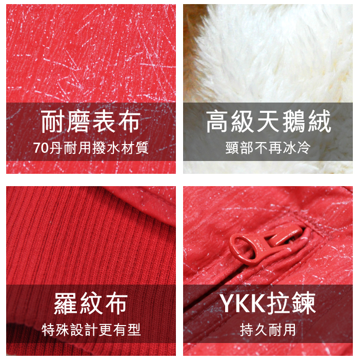 耐磨表布70丹耐用撥水材質高級天鵝絨頸部不再冰冷羅紋布特殊設計更有型YKK拉鍊持久耐用