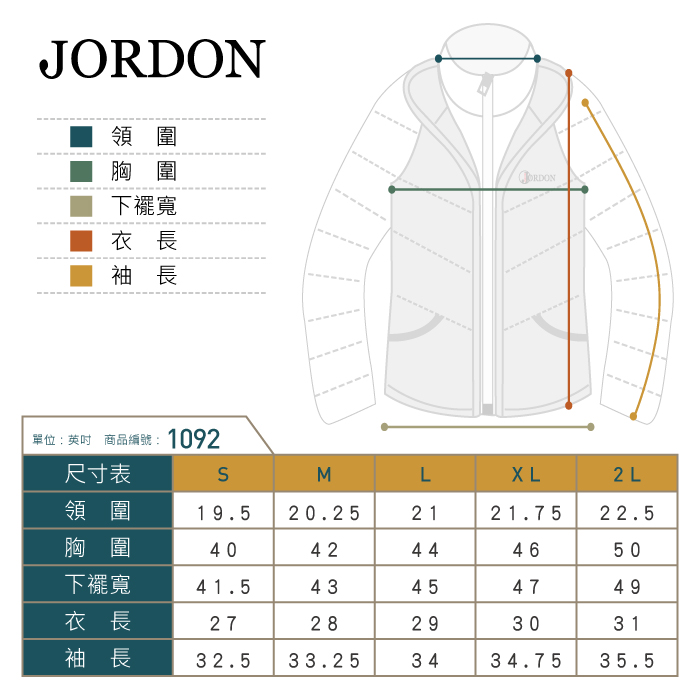 領圍胸圍下襬寬衣長袖長單位英吋 商品編號:1092JORDON尺寸表ML2L領圍19.5 20.252121.7522.5胸圍4042444650下襬寬41.543454749衣長2728293031袖長32.533.253434.75 35.5