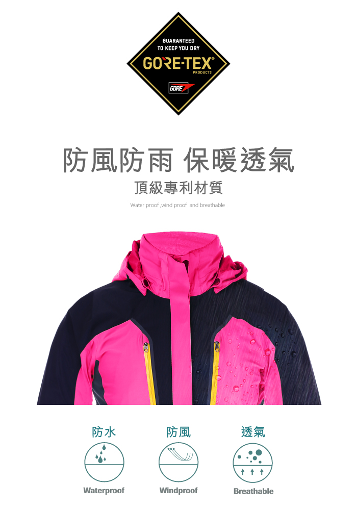 GUARANTEEDTO KEEP YOU DRYGORE-PRODUCTSGORE防風防雨 保暖透氣頂級專利材質Water proof wind proof and breathable防水防風透氣WaterproofWindproofBreathable