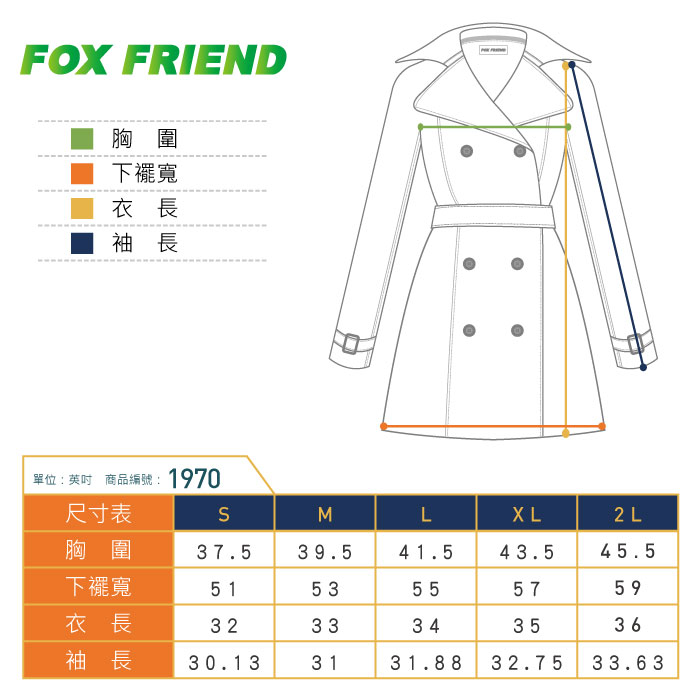 FOX FRIEND胸圍下襬寬衣長袖長單位: 商品編號:1970尺寸表MLXL2L胸圍37.539.541.543.545.5下襬寬5153555759衣長3233343536袖長30.133131.88 32.75 33.63