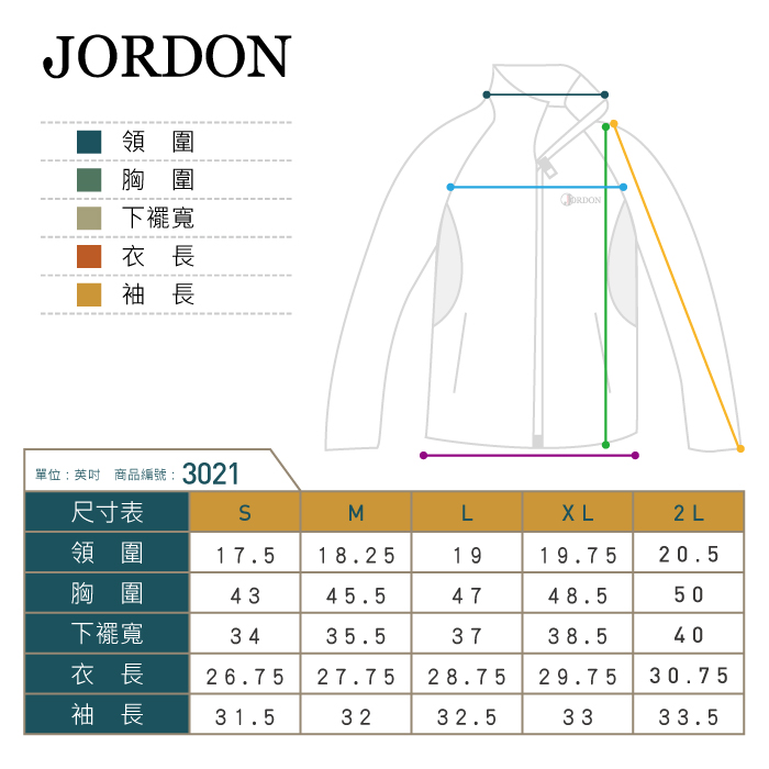 領圍胸圍下襬寬衣長JORDON袖長單位英吋 商品編號: 3021尺寸表ML L2L領圍17.518.251919.7520.5胸圍4345.54748.550下襬寬3435.53738.540衣長26.7527.7528.7529.75 30.75袖長31.53232.5333 3.5