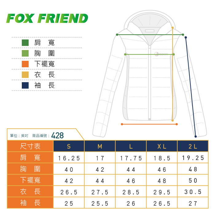 FOX FRIEND肩寬胸圍下襬寬衣長袖長單位英吋 商品編號:428尺寸表ML2L肩寬 16.251717.7518.519.25胸圍4042444648下襬寬4244464850衣長26.527.528.529.530.5袖長2525.52626.527