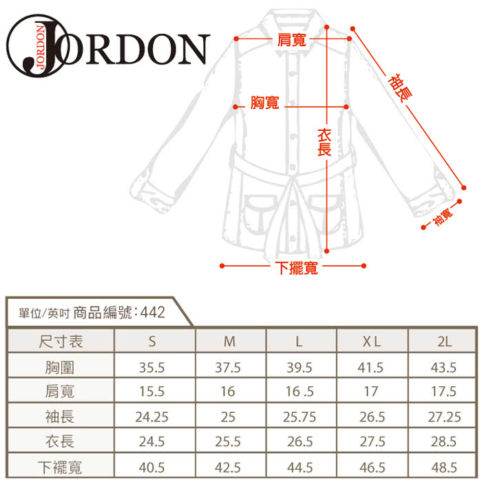 肩寬ORDON胸寬下擺寬袖長袖寬單位/英吋 商品編號:442尺寸表ML胸圍35.537.539.541.543.5肩寬15.51616.51717.5袖長24.252525.7526.527.25衣長24.525.526.527.528.5下襬寬40.542.544.546.548.5
