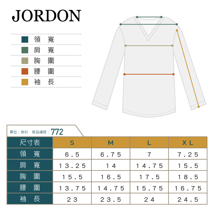 JORDON領寬肩寬胸圍腰圍袖長單位英吋 商品編號:772尺寸表ML領寬6.56.7577.25肩寬13.251414.7515.5胸圍15.516.517.518.5腰圍13.7514.7515.7516.75袖長2323.52424.5