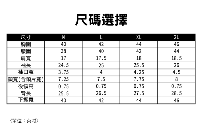 尺碼選擇尺寸MLXL2L胸圍40424446腰圍38404244肩寬1717.51818.5袖長24.52525.526袖口寬3.7544.254.5領寬(含領片寬)7.257.57.758後領高0.750.750.750.75背長25.526.527.528.5下擺寬40424446單位:英吋