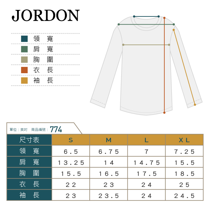 JORDON領寬肩寬胸圍衣長袖長單位英吋 商品編號:774尺寸表ML領寬6.56.7577.25肩寬13.251414.7515.5胸圍15.516.517.518.5衣長22232425袖長2323.52424.5