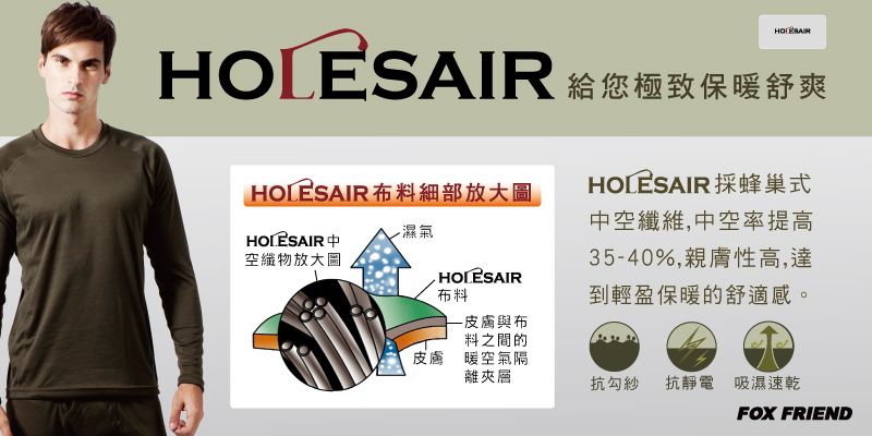 HOLESAIR 給您極致保暖舒爽HOLESAIR 布料細部放大圖HOLESAIR 空纖物放大圖濕氣HOLESAIRHOLESAIR 採蜂巢式中空纖維,中空率提高3540%,親膚性高,達到輕盈保暖的舒適感。布料- 皮膚與布料之間的皮膚 暖空氣隔離夾層抗勾紗 抗靜電吸濕速乾FOX FRIEND